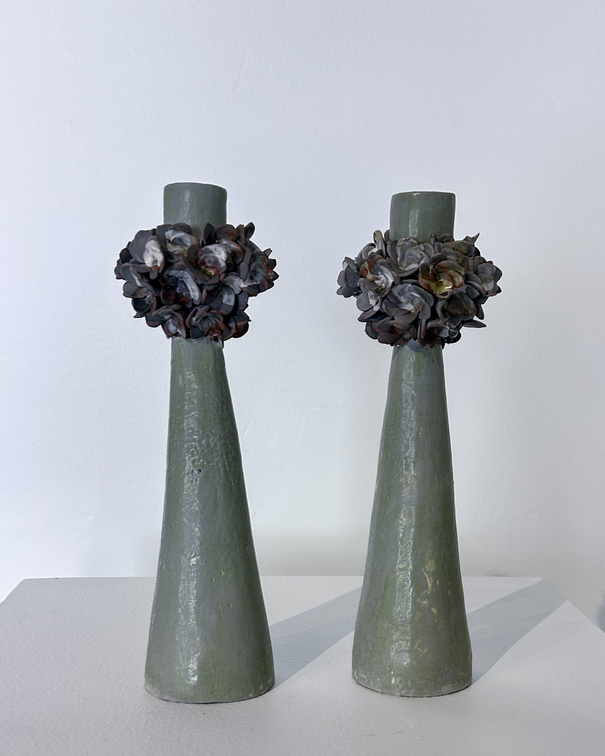Green / grey flower candle pair